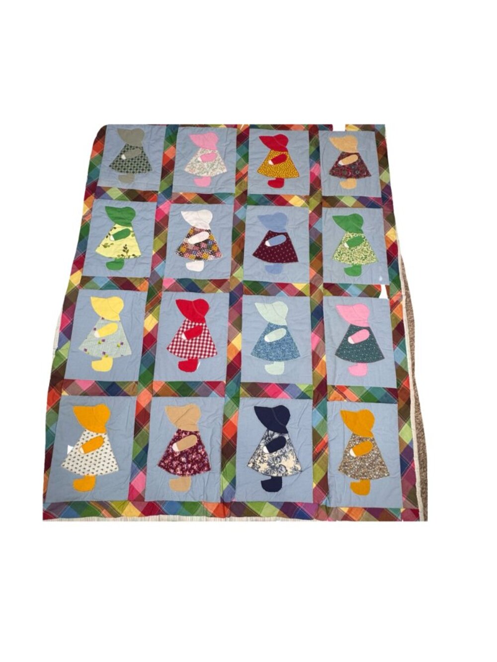 Vintage Handmade Sunbonnet Sue Quilt Throw Blanket Twin Plaid Border 76x54 READ - Picture 2 of 7